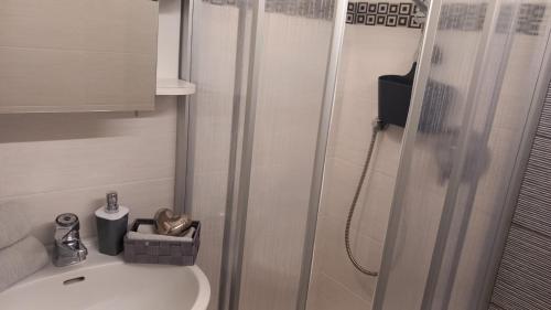 a bathroom with a shower and a toilet and a sink at Residence Wiesenheim in Trodena