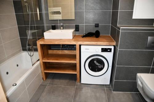 une salle de bain avec une machine à laver et un lavabo dans l'établissement Résidence Les Terrasses De La Vanoise - LES TERRASSES DE LA VANOISE B11 MAE-3641, à Champagny-en-Vanoise