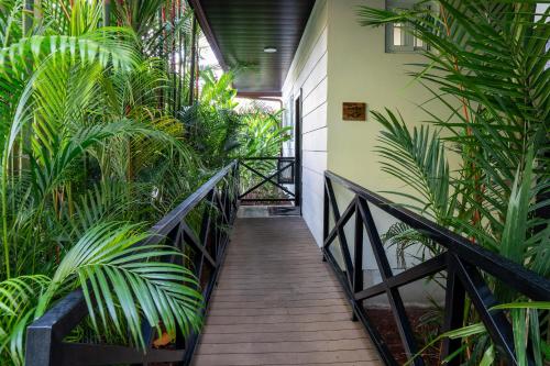 a wooden walkway in a room with plants at Hotel Boutique Casa Del Rio in Fortuna