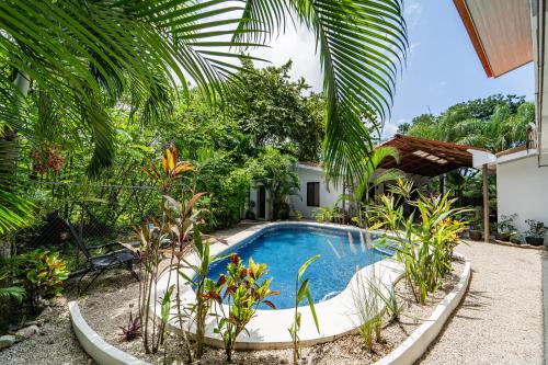 a swimming pool in the middle of a garden at Las Perlitas Rentals Playa Samara in Sámara