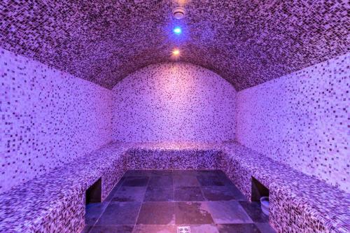 Cette chambre est dotée d'un plafond violet et d'un sol en pierre. dans l'établissement Les Chalets Du Gypse - LES CHALETS DU GYPSE A02 MAE-2291, à Saint-Martin-de-Belleville