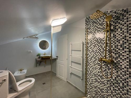 a bathroom with a shower and a toilet and a sink at Fantasia Apart Hotel in Bucharest