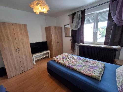 a bedroom with a bed and a tv and a window at Gästehaus Bavaria in Marktheidenfeld