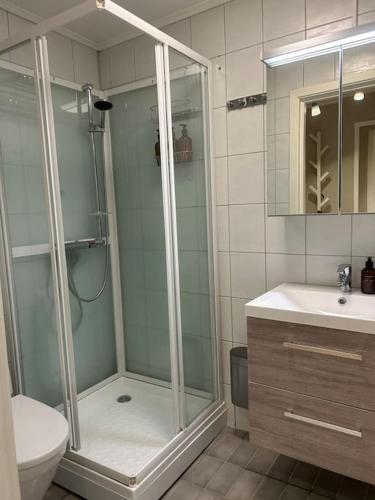 a bathroom with a shower and a toilet and a sink at Koselig studioleilighet i sentrum in Trondheim