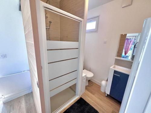 La salle de bains est pourvue d'une douche à l'italienne et de toilettes. dans l'établissement Maison lumineuse à LOCTUDY, à Plobannalec-Lesconil