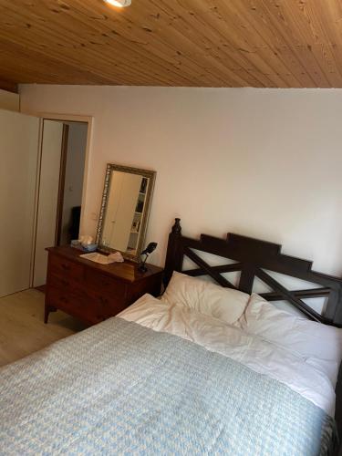 a bedroom with a bed and a dresser and a mirror at Grüne Oase unweit von Köln in Rösrath