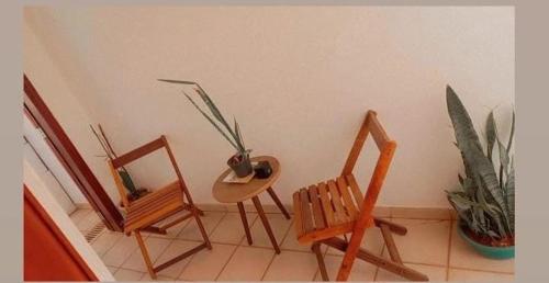 a room with three chairs and a table and a plant at Hospedaria da Taty in Tatuí