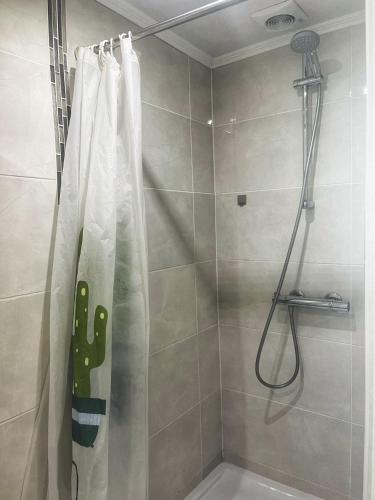 une douche avec un rideau de douche dans une salle de bain dans l'établissement Calme et proche metro, à Villejuif