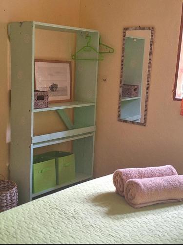 a bedroom with a bed with a mirror and a towel at Four Monkeys Eco Lodge Jungle & Beach - The House in Cabo Matapalo
