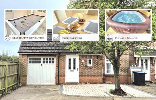 a collage of photos of a house with a pool at Pool, drinks and a hot tub! in Northampton