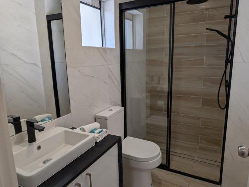 a bathroom with a toilet and a sink and a shower at Bay Lodge Apartments in Gold Coast