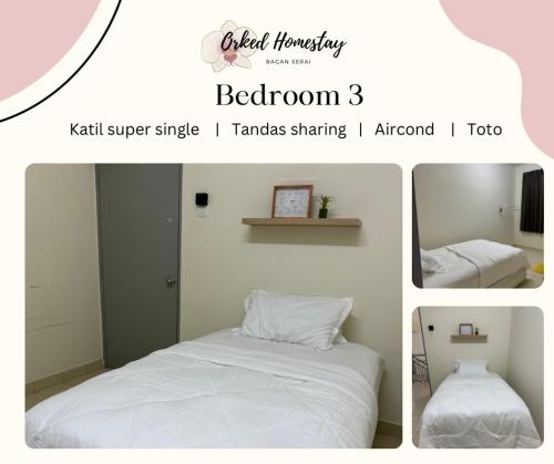 a collage of three pictures of a bedroom at Orked Homestay Bagan Serai in Bagan Serai