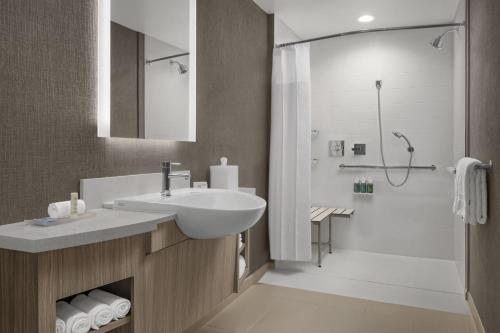 a bathroom with a sink and a shower at SpringHill Suites by Marriott Tuckahoe Westchester County in Tuckahoe