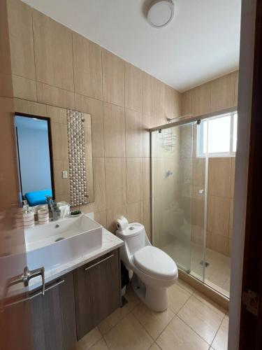 a bathroom with a toilet and a sink and a shower at Playa Blanca Beach Rentals in Playa Blanca