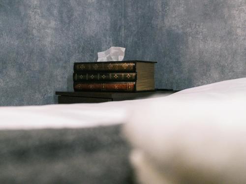 a stack of books sitting on top of a bed at Tsubame INN Nipponbashi in Osaka