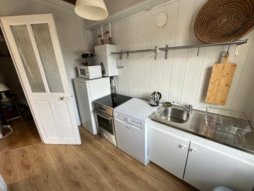 une petite cuisine avec un évier et un réfrigérateur dans l'établissement Charmant Duplex 55m² - Coeur de Villard-de-Lans, 5 pers, Terrasse, Proche Commerces et Loisirs - FR-1-515-208, à Villard-de-Lans