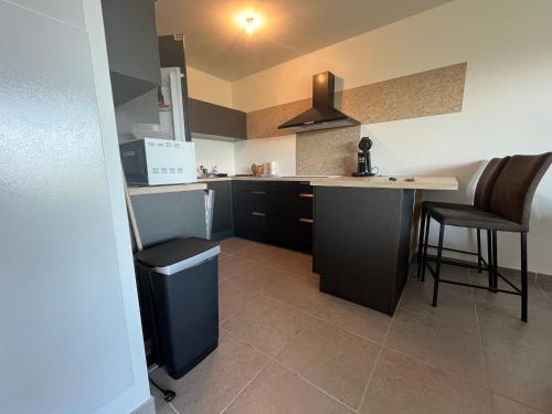 une cuisine avec un comptoir, une table et des chaises dans l'établissement Appartement cosy avec jardin et parking à Évian - FR-1-498-105, à Évian-les-Bains