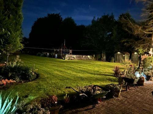 a yard at night with a lawn with plants at Shropshire Guesthouse in Wolverhampton