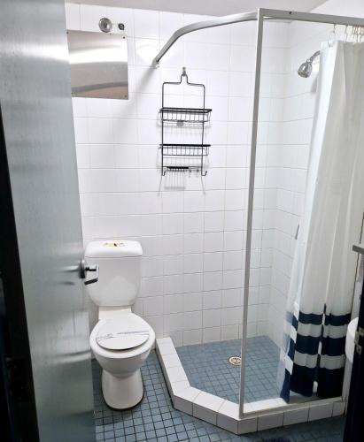a bathroom with a toilet and a shower at Boardrider Backpackers and Budget Motel in Sydney