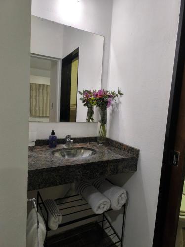 a bathroom with a sink and a mirror and towels at Oasis urbano! Apartamento Geminis complejo in San Nicolás de los Arroyos
