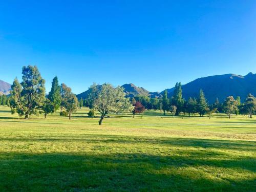 a field with trees and mountains in the background at Unit A9, Adorable holiday unit with stunning views in Otematata