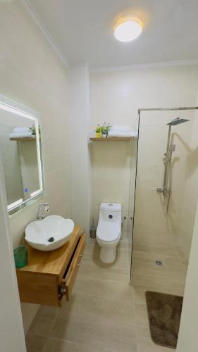 a bathroom with a toilet and a sink and a shower at Charmant Appartement 2 in Pointe-Noire