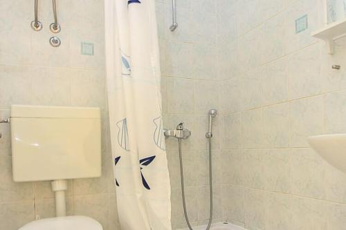 a bathroom with a shower curtain and a toilet at Apartment&Rooms Savonari - Two Bedroom Studio Apartment with Terrace in Orasac