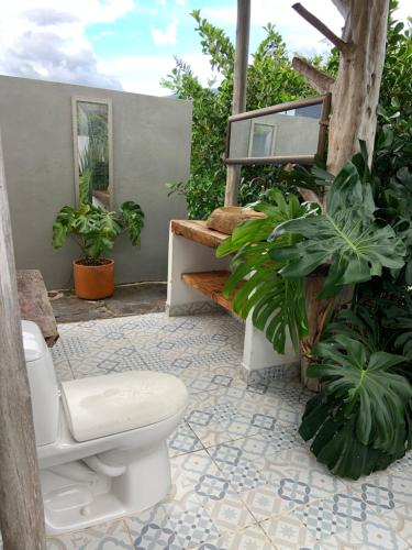 a bathroom with a toilet and some plants at Tres Marias Chivor in Batá
