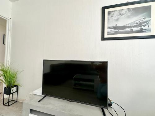 - une télévision à écran plat assise sur une table dans le salon dans l'établissement Le Montjovis, spacieux et lumineux avec garage, à Limoges