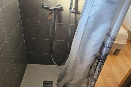 une douche avec un rideau de douche dans une salle de bain dans l'établissement Le Sérénité -clim-wifi-proche centre ville-plages, à Hyères
