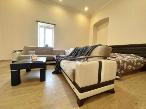 ein Wohnzimmer mit Sofa und Tisch in der Unterkunft City center Apartment 14 in Baku