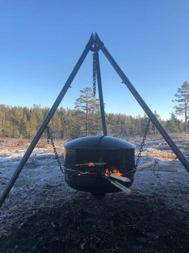 a swing with a fire pit in a field at Delikat tømmerhytte på Blefjell in Flesberg