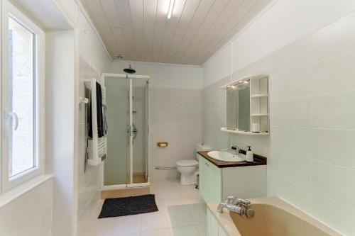 a bathroom with a shower and a toilet and a sink at Les Bois Noirs - appt vue montagne in Arconsat