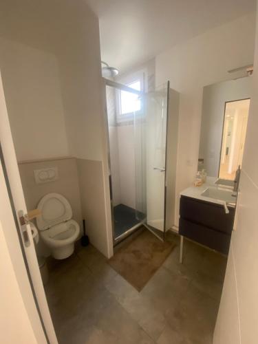 une salle de bain avec toilettes, douche et lavabo dans l'établissement AG Immobilier 95, à Bezons
