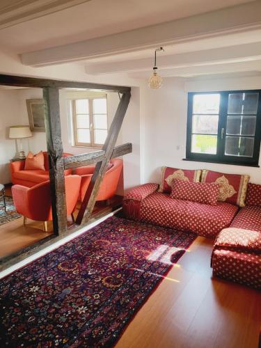 - un salon avec deux canapés et un tapis dans l'établissement MAISON ALSACIENNE de CHARME, à Eckwersheim