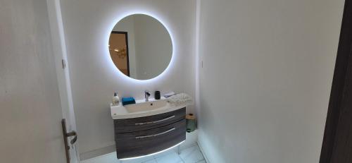 a bathroom with a sink and a mirror at T3 spacieux lumineux jardin et proche du tram in Pont-de-la-Maye