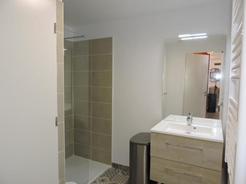 une salle de bain avec un lavabo et une douche dans l'établissement La détente, vues, espaces le tout dans une décoration superbe, à Auron