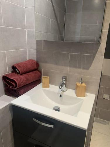 La salle de bains est pourvue d'un lavabo blanc et d'une serviette rouge. dans l'établissement le petit Marseillais, à Marseille