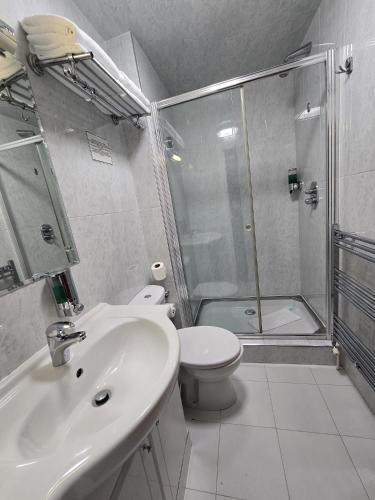 a bathroom with a shower and a sink and a toilet at Aspen Hotel in London