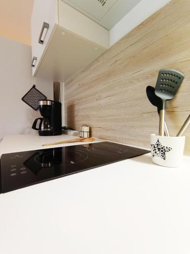 - une cuisine avec un comptoir et une cuisinière four supérieur dans l'établissement Détente en provence, à Digne-Les-Bains