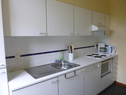 a kitchen with white cabinets and a sink at Maison Chantraine in Ramillies