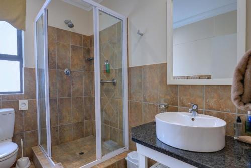 a bathroom with a shower and a sink and a toilet at Makarios On Sea in Herolds Bay