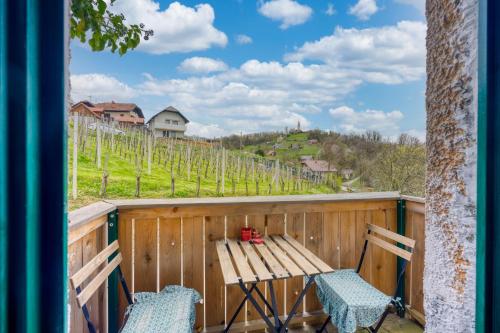 a table and chairs on a balcony with a view of a vineyard at Vineyard Cottage Verček - Happy Rentals in Novo Mesto