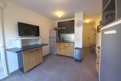 Il comprend une petite cuisine équipée d'un réfrigérateur et d'une télévision. dans l'établissement 69A - Cosy studio ideally located Lyon Gerland, à Lyon