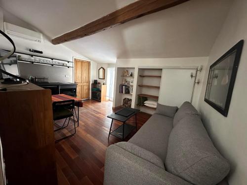 un salon avec un canapé gris et une table dans l'établissement Appartement de charme Intra Muros, à Avignon