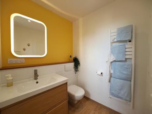 une salle de bain avec un lavabo et un miroir et des toilettes dans l'établissement La Cabane des Dunes, à Poitiers