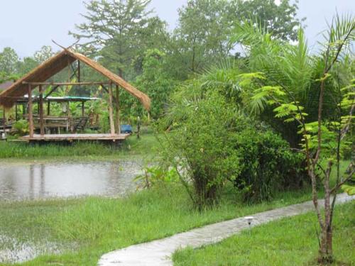 a pond with a gazebo next to a body of water at Ing Doi Guest House in Pai