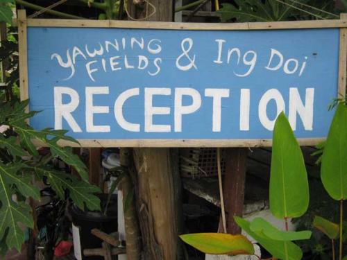 a blue sign that reads yung fields and ing do reception at Ing Doi Guest House in Pai