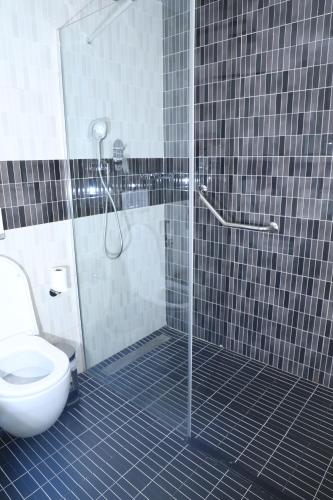 a bathroom with a glass shower with a toilet at TH BonRoyal Hotel in Addis Ababa