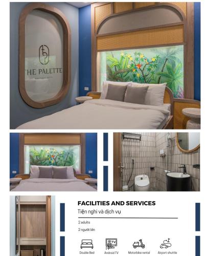 two pictures of a room with a bed and a window at The Palette Dalat in Da Lat